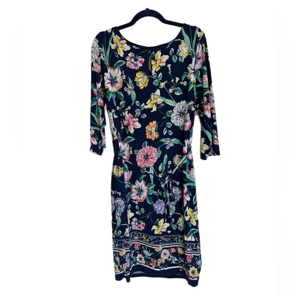 Liz Claiborne stretchy navy blue w/ pastel floral print midi dress